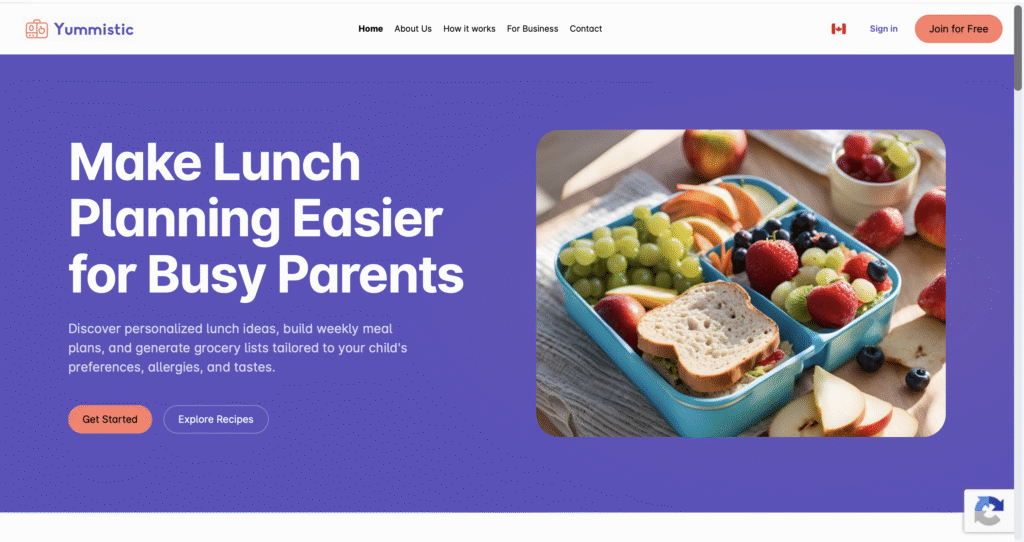Yummistic web page Home Screen