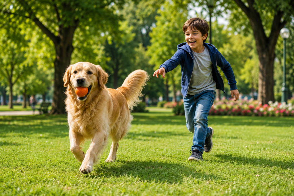 Golden retriever playing fetch with a child in a public park.