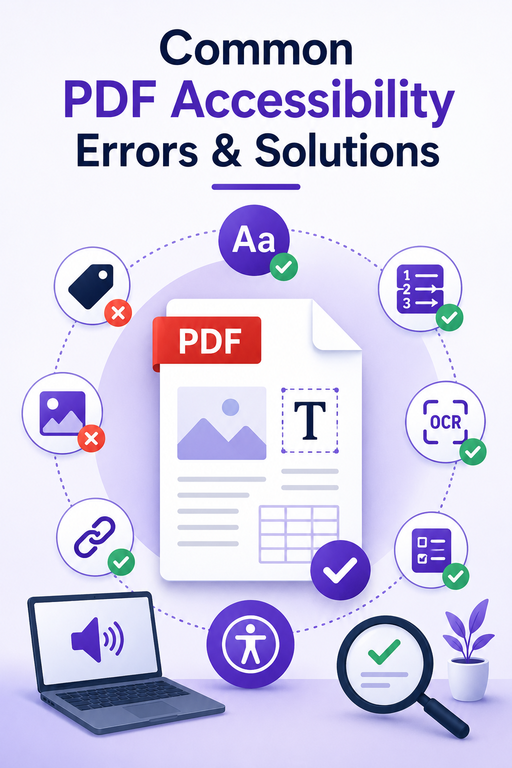 Illustration titled 'Common PDF Accessibility Errors & Solutions' showing a PDF document surrounded by icons for tags, images, links, alt text, numbered lists, OCR, checklists, and accessibility, each marked with a red X or green checkmark, alongside a laptop with audio, a magnifying glass, and a plant