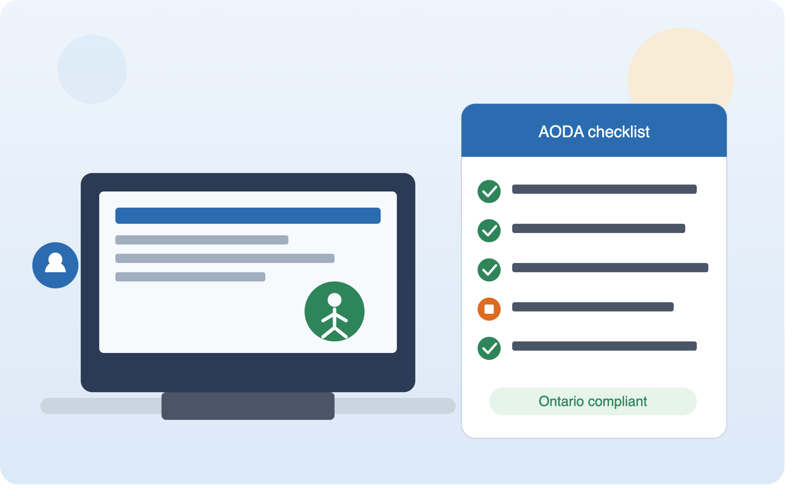 Illustration of a laptop displaying a website with a green accessibility checkmark icon, next to a checklist card showing AODA compliance items, most checked off in green with one flagged in orange, and an "Ontario compliant" badge at the bottom.