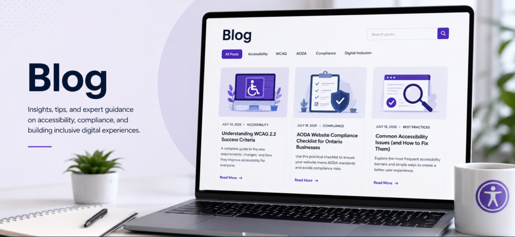 Laptop screen displaying a blog homepage titled 'Blog' with articles on WCAG 2.2, AODA compliance, and accessibility best practices, next to a potted plant, notebook, pen, and coffee mug with an accessibility icon.