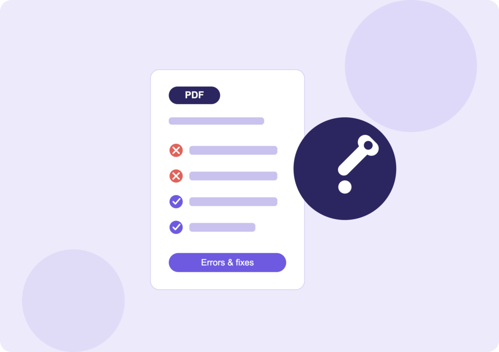 Illustration of a PDF document checklist showing error marks turning into checkmarks, next to a wrench icon, representing common PDF accessibility errors and their fixes.