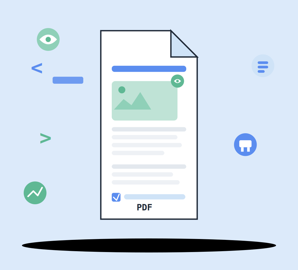 Illustration of a PDF document with a tagged heading, an image placeholder with an alt-text icon, and structured paragraph tags, surrounded by code brackets and accessibility icons, representing WCAG-compliant PDF development.