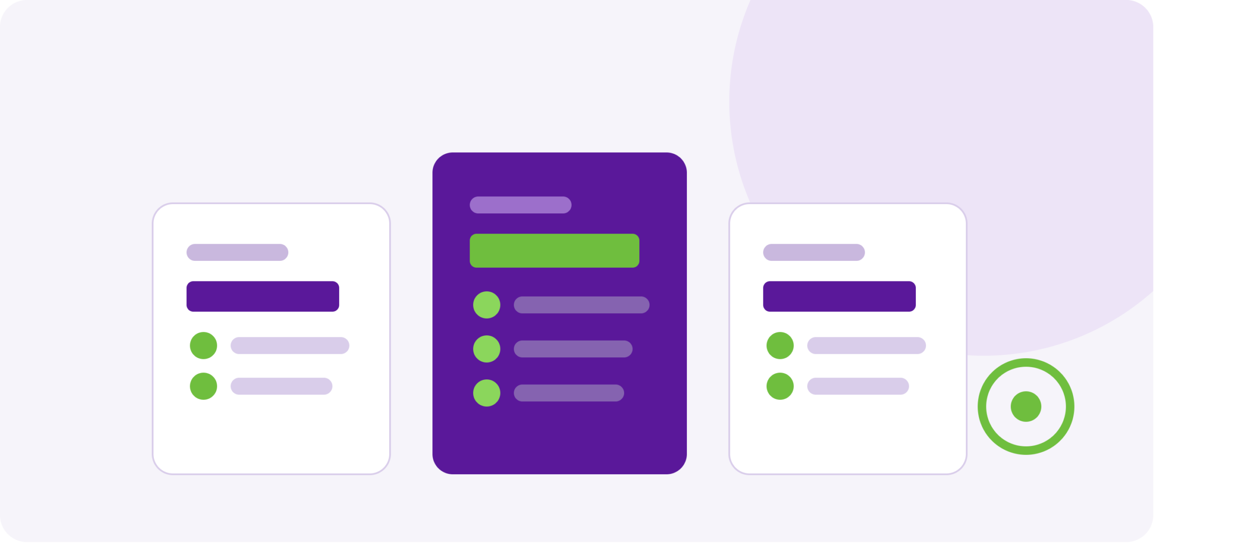 Illustration of three pricing plan cards in purple and green, with the center plan highlighted as the featured tier, each showing checkmarked feature lists and a small focus-ring icon representing accessibility