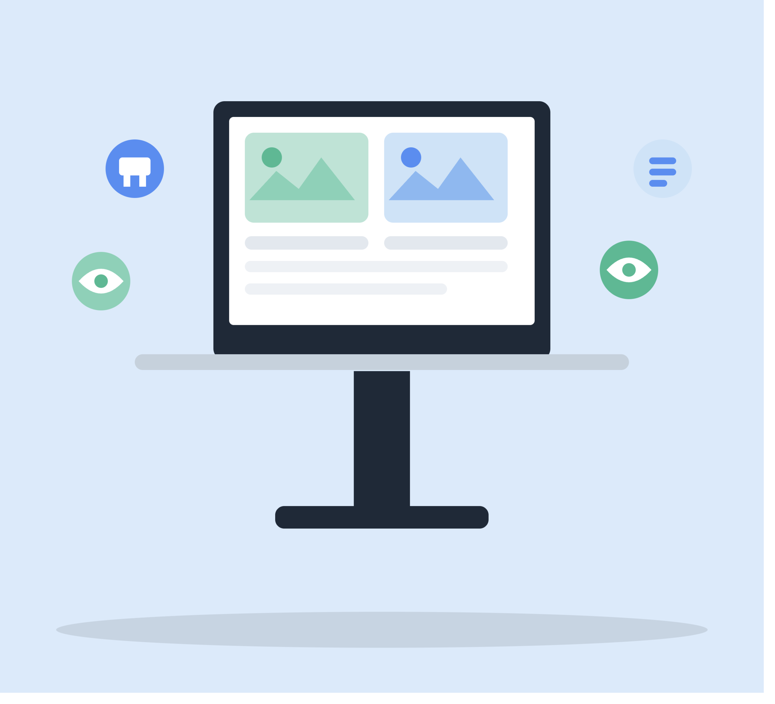 Illustration of a desktop monitor displaying a website with image placeholders and accessibility icons in blue and green, representing image accessibility and alternative text concepts.
